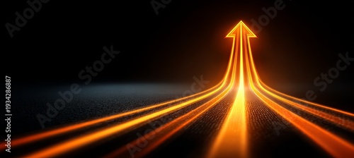 Glowing orange arrow upward. Success business investment target money return. Generative AI technology.
