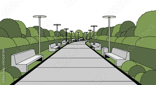 Flat 2D illustration of an empty urban city park pathway with benches and streetlights on a sunny day