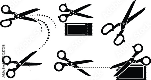 Minimalist vector art scissors cutting dotted coupon lines multiple angles close up top view black silhouette on white background studio flat design precise editable scalable icon