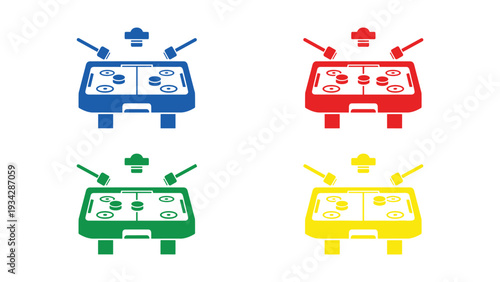 Four stylized retro game controllers in different vibrant colors
