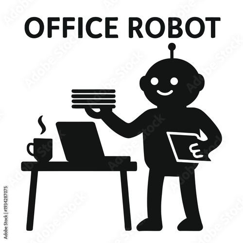 A stylized black and white illustration depicts an office robot working at a desk