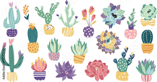 Collection of colorful potted succulent rosettes and cacti, indoor houseplant doodle set, decorative plant elements for stickers