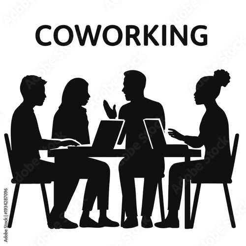 A black silhouette illustration depicts a group of people collaborating in a coworking space
