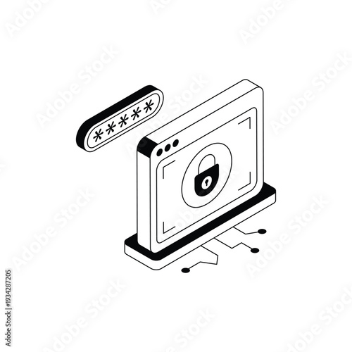 Isometric Computer Monitor with Password Lock for Security Access.