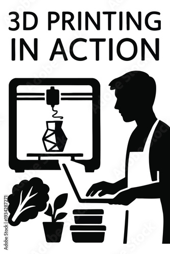 A graphic depicts a person using a computer to operate a 3d printer showcasing modern technology