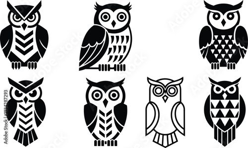Minimalist black owl icon set in flat vector art eight stylized owl silhouettes front and three quarter view simple geometric patterns monochrome high contrast scalable logo emblem