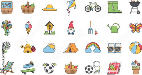 Colorful summer icons set with outdoor elements