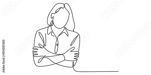 Minimalist continuous line drawing of a professional woman with crossed arms
