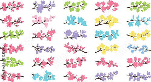 Vibrant cherry blossom branches in various colorful floral patterns