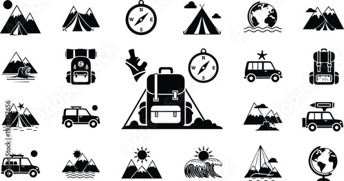 Minimalist black camping icons set showing central backpack and pitched tent with compass and offroad van beside mountain peaks arranged in clean grid flat vector mockup