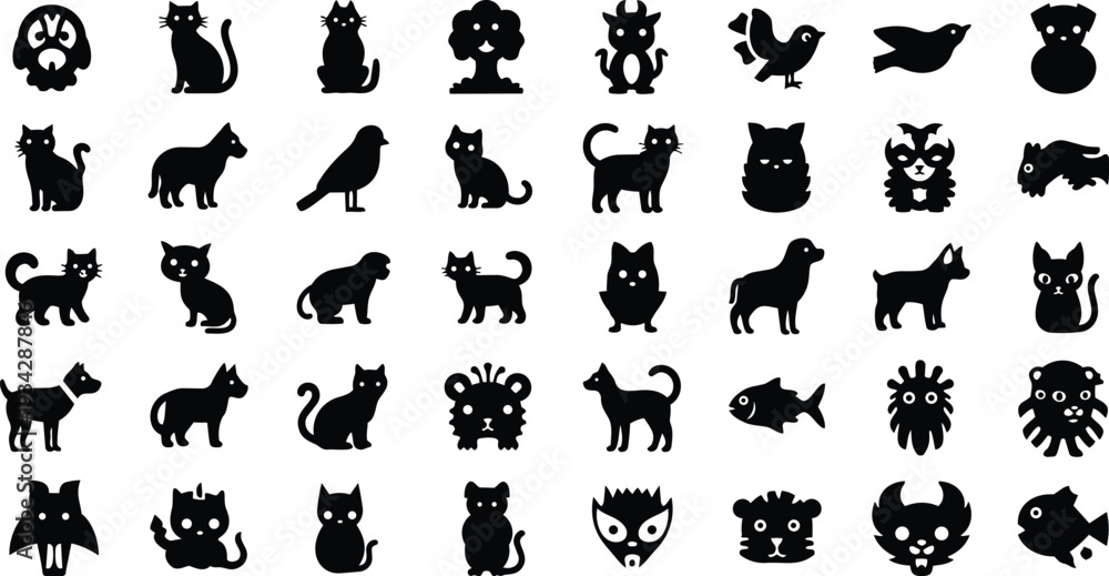 Obraz premium Minimalist black animal icon set grid of cat dog bird fish lion owl and paw silhouettes in flat design close up view for interface app toolbar