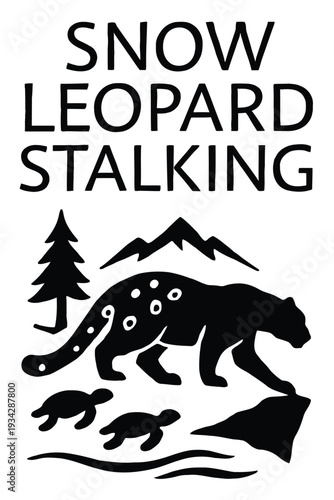 A graphic illustration depicts a snow leopard stalking prey amidst mountainous terrain high quality professional