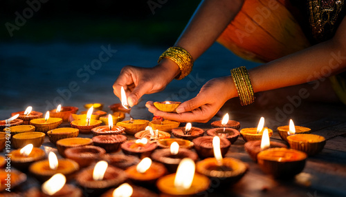 Hands light oil lamps during Vesak celebration for enlightenment and hope Generative AI