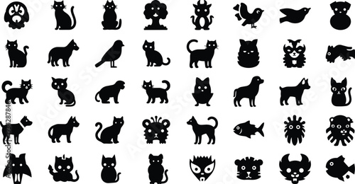 Minimalist black animal icon set grid of cat dog bird fish lion owl and paw silhouettes in flat design close up view for interface app toolbar