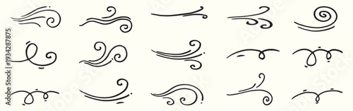 Line Vector doodle set of doodle wind, weather, environment  illustration simple set. Nature wind wave, hurricane, storm blowing cold breeze symbol collection. Vector illustration