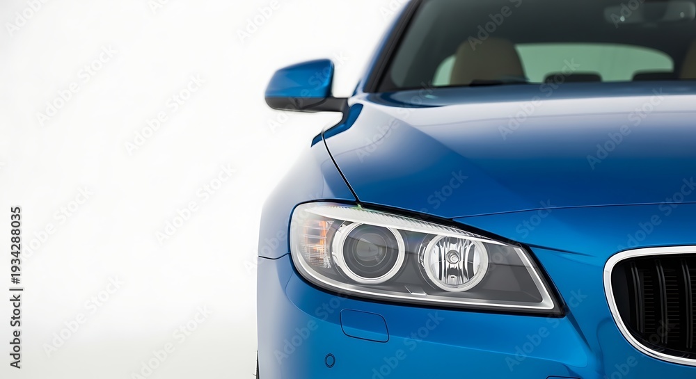 Fototapeta premium Close up of a blue car with white background showcasing its shiny front end and headlights