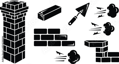 Minimalist vector art brick wall construction set close up column corner bricks trowel mortar flying debris dust impact icons flat design black silhouette isolated simple outline