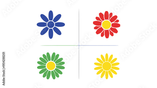 Four colorful stylized flowers arranged in a square formation