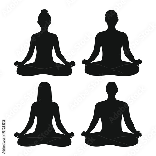 Four silhouetted figures are depicted meditating in various lotus positions promoting tranquility high quality professional