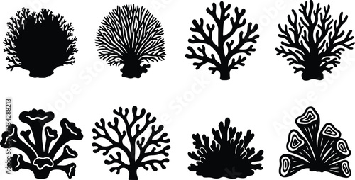 A set of vector line art coral reef silhouettes in a bundle for illustration purposes silhouette