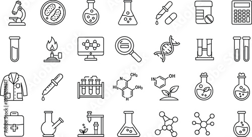 Science laboratory line icons set, chemistry biology research experiment vector outline collection isolated on white