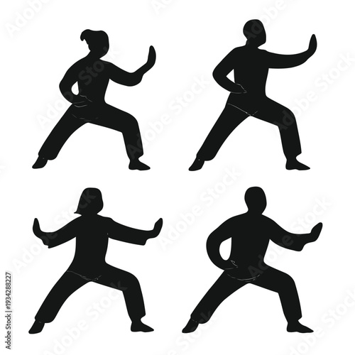 Four silhouettes demonstrate tai chi movements showcasing balance and flowing forms against white high quality
