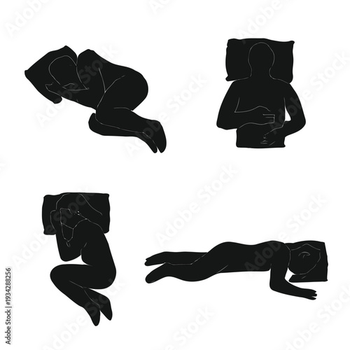 Silhouettes depict four different sleeping positions fetal side stomach and supine high quality professional detailed