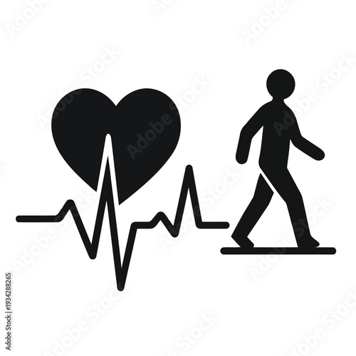 A black silhouette depicts a person walking beside a heart and electrocardiogram line high quality