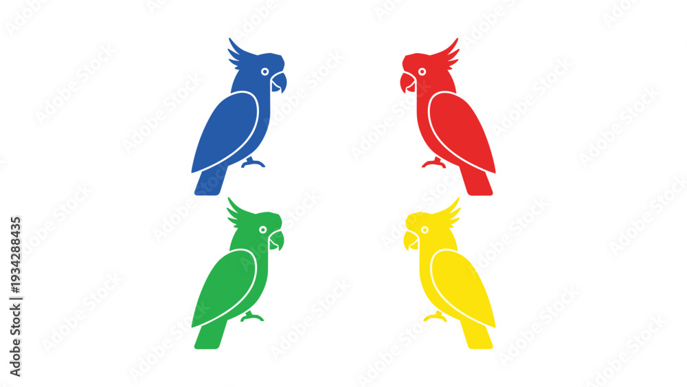 Obraz premium Four colorful parrot illustrations standing on a plain background