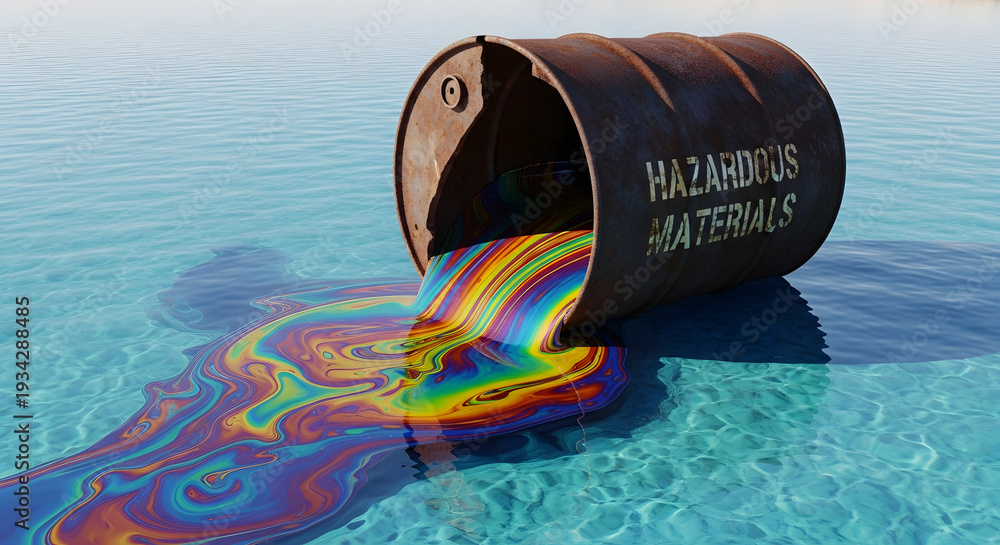 Naklejka premium A hazardous materials barrel spilling colorful oil into clear blue water, causing pollution.