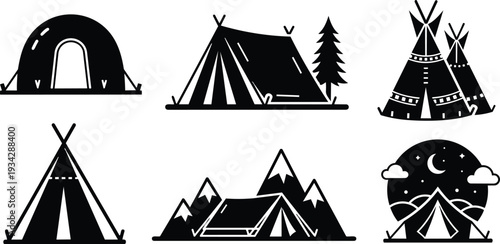 Minimalist vector camp tent icons set showing dome tent teepee canvas tent mountain campsite at night with moon stars flat graphic close up silhouette monochrome bold