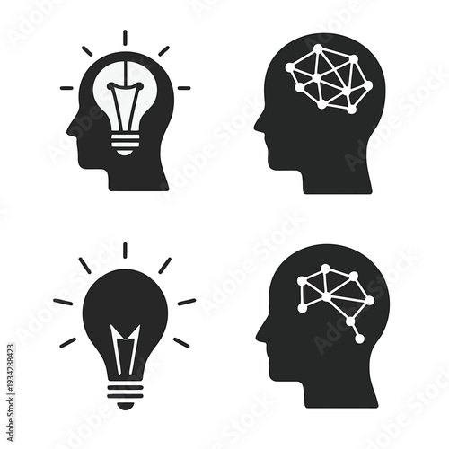 A conceptual illustration depicting human heads with lightbulbs and neural networks inside high quality professional