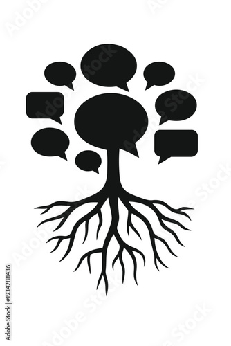 A stylized black illustration depicts a tree with speech bubbles growing from its branches