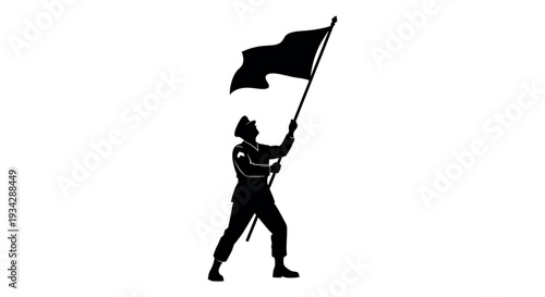 Silhouette of revolutionary protester waving flag in powerful gesture