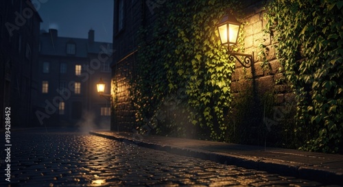 Cobblestone street scene at dusk with lamplight illuminating a brick wall