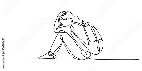 Continuous line drawing of sad student sitting with backpack