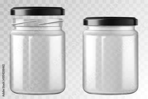 Glass jars with metal black screw lid. Open and closed jars isolated on transparent background, packaging mockup template. Empty food or cosmetic product container. Realistic 3d vector illustration.