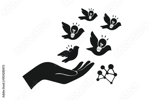 A black silhouette of a hand releasing birds each carrying a glowing lightbulb high quality