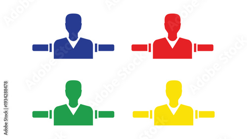 Four color-coded stylized figures with horizontal bars representing different roles or statuses
