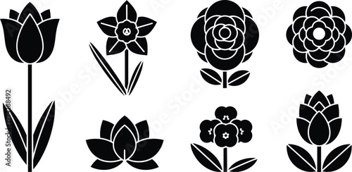 Minimalist vector art flat design black flower icon set eight different floral silhouettes front view simple shapes isolated on white background clean graphic monochrome glyph collection