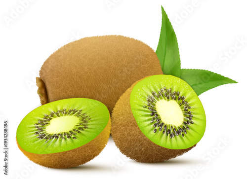Whole juicy kiwi and half green kiwi, slices fruits isolated on a white background. kiwi fruit, green pulp tasty kiwi vegan snack, Realistic 3d vector illustration