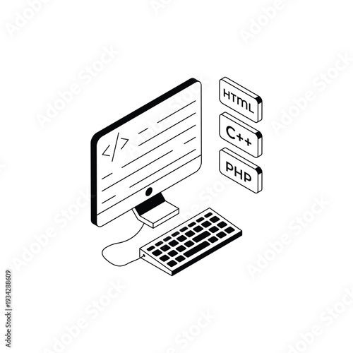 Isometric Computer Monitor Displaying Programming Code with Language Buttons.