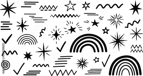 A set of vector line art illustrations featuring stars, rainbows, and decorative elements in silhouette mode