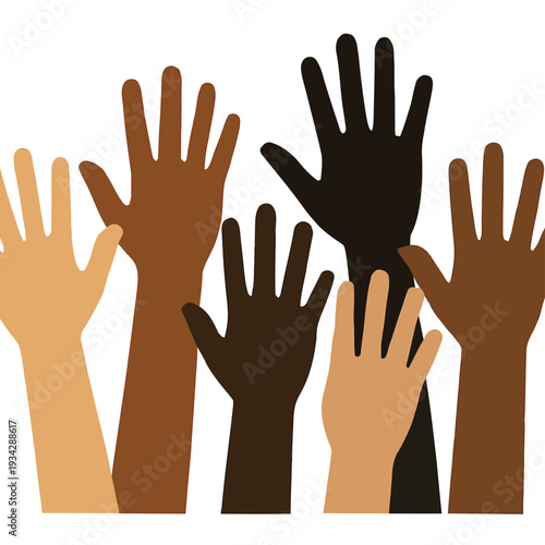 Diverse group of raised hands symbolizing unity equality and inclusivity against a white background