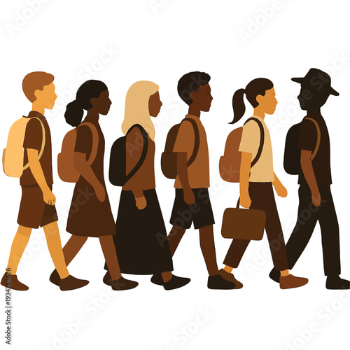 A diverse group of people are walking in a line carrying bags and backpacks