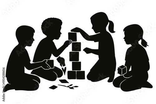 A group of children are playing with building blocks in a simple black silhouette
