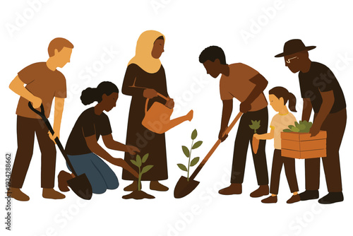 A diverse group of people collaboratively gardening and planting a small tree together high quality