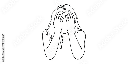 Minimalist continuous line drawing of a stressed woman covering her face