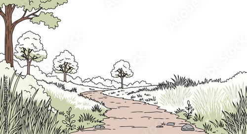 A flat 2D illustration of an empty urban city park with a winding pathway lined with trees and grassy areas against a clean white background.
