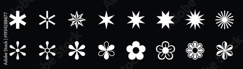 White asterisk and flower symbol set isolated on black background. Minimal starburst shapes and decorative spark icons in flat style. Simple graphic collection for design, typography and logo elements